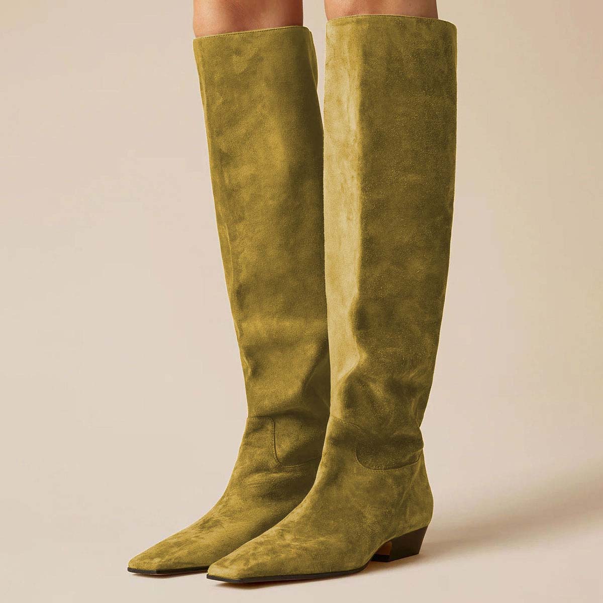 Vegan Suede Pull-On Square Toe Chunky Heel Knee High Boots in Olive