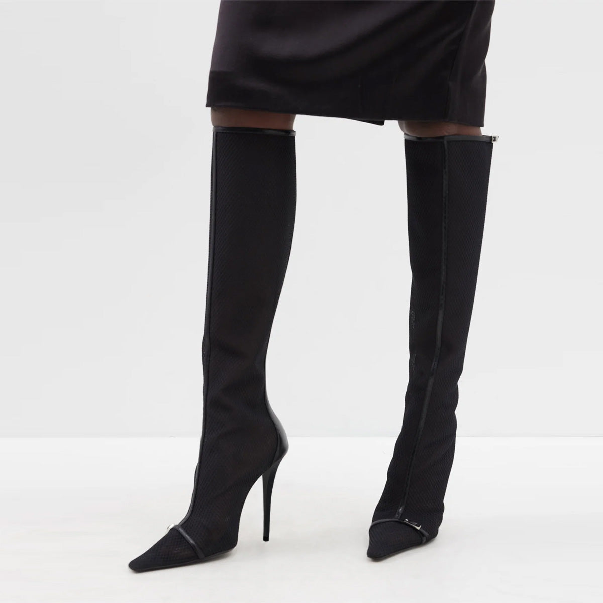 Black Mesh Buckle Strap Pointed Toe Stiletto Heel Zip Knee High Boots