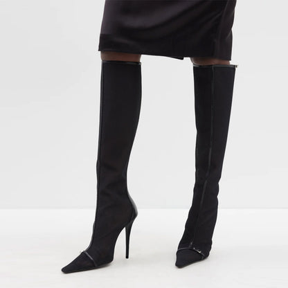 Black Mesh Buckle Strap Pointed Toe Stiletto Heel Zip Knee High Boots