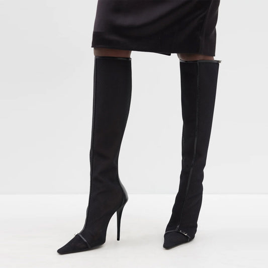 Black Mesh Buckle Strap Pointed Toe Stiletto Heel Zip Knee High Boots