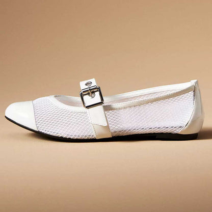 Women's White Mesh Buckle Fastening Studded Strap Comfy Ballet Flats