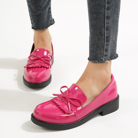 Pink Patent Leather Closed Toe Chunky Heel Loafers with Bow