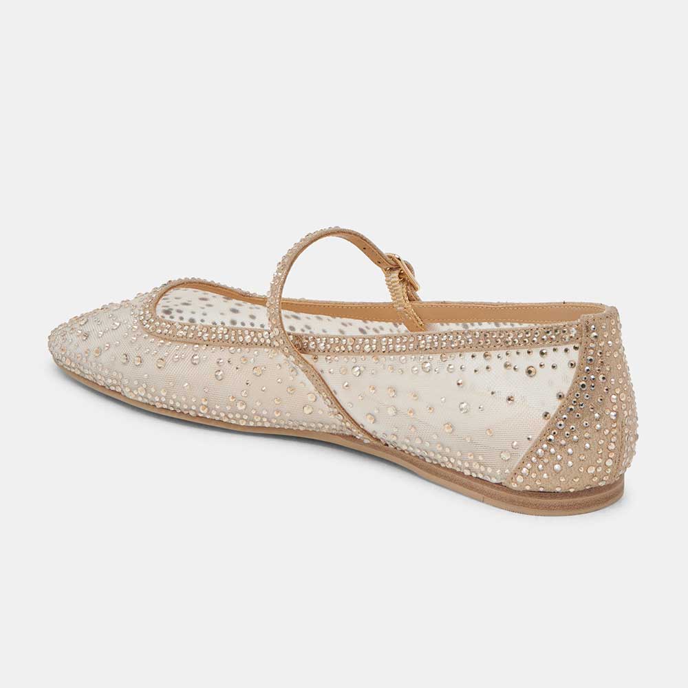 Champagne Rhinestone Embellished Mesh Square Toe Women's Dress Flats