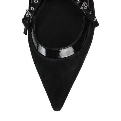 Black Pointed Toe Fashion Strappy Ballet Flats with Buckle