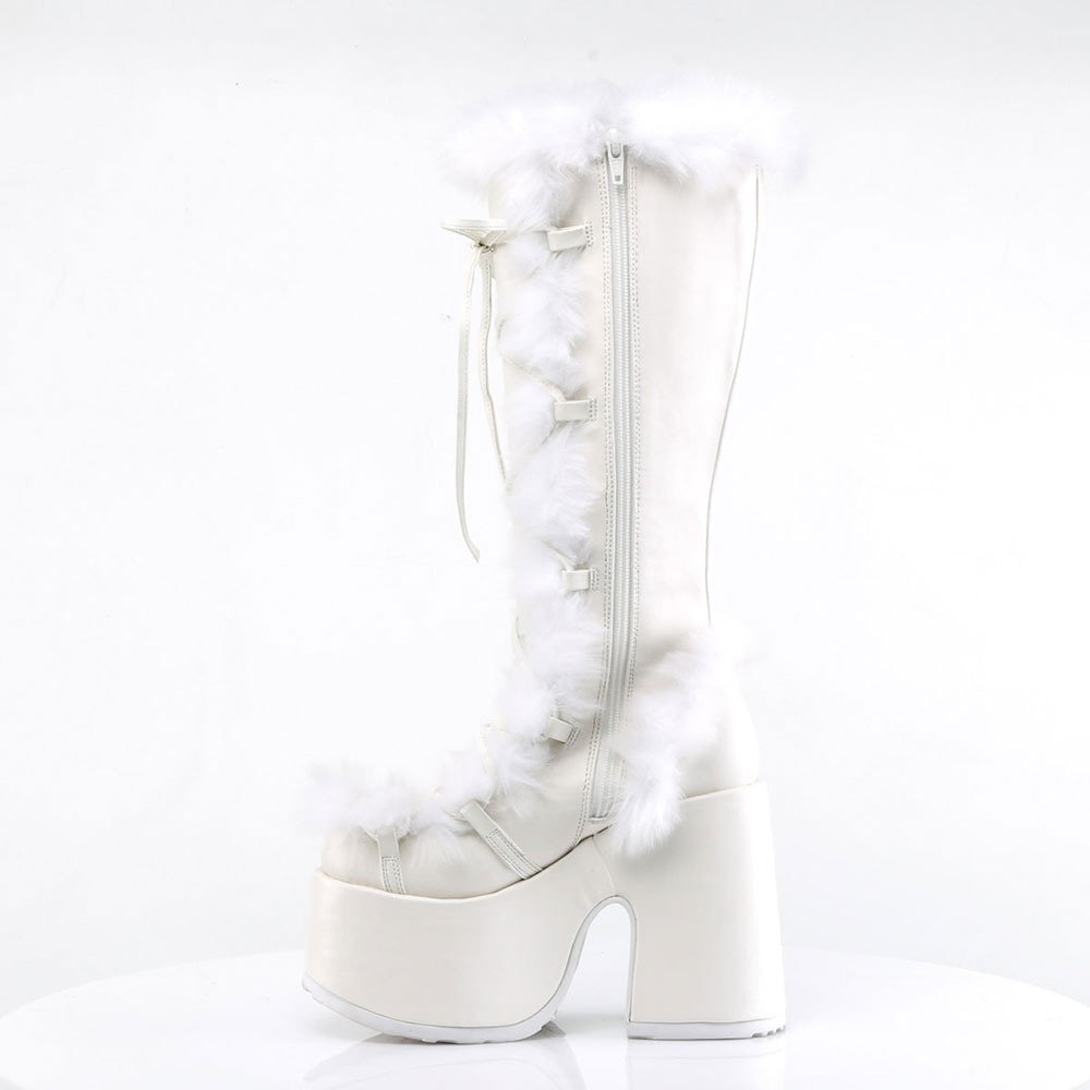 White Lace-Up Faux Fur Round Toe Block Heel Platform Knee High Boots