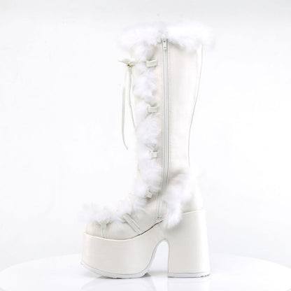 White Lace-Up Faux Fur Round Toe Block Heel Platform Knee High Boots