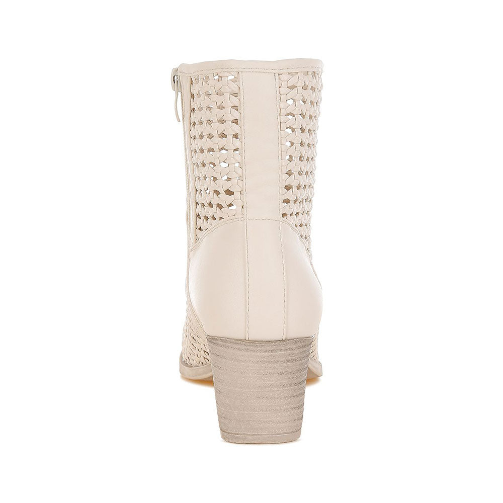 Beige Woven Pointed Toe Block Heel Zipper Ankle Boots for Women