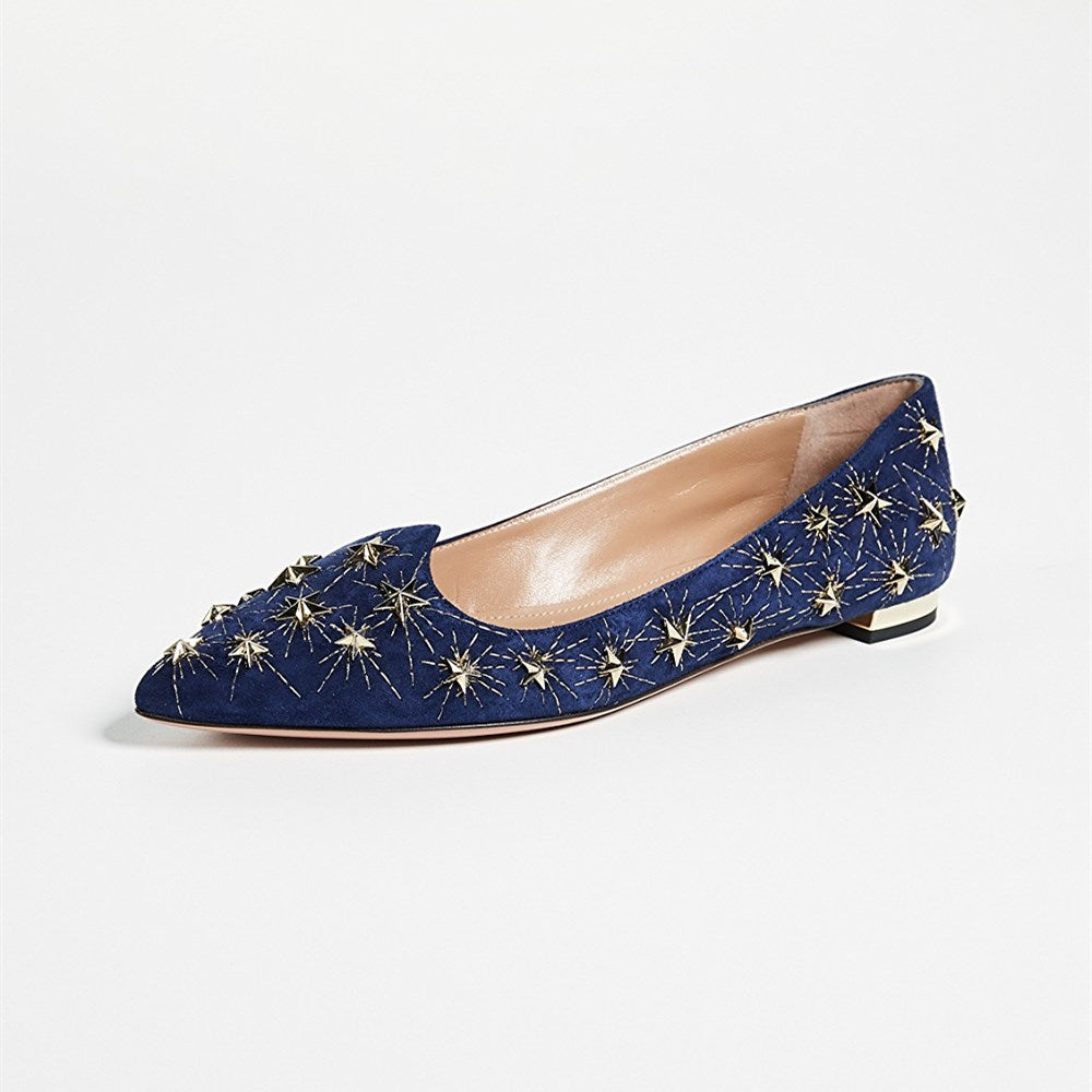 Navy Stars Studded Pointed Toe Comfortable Flats