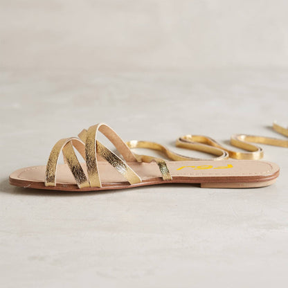 Gold Gladiator Sandals Open Toe Comfortable Flats Strappy Shoes