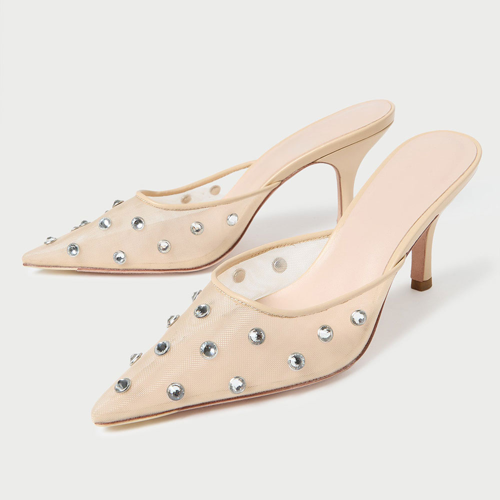 Beige Mesh Slip-On Pointed Toe Rhinestone Embellished Heeled Mules