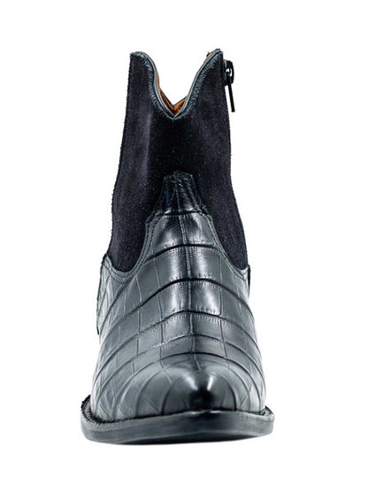 Black Croco Embossed Pointed Toe Chunky Heel Ankle Boots for Women