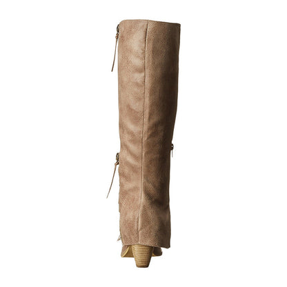 Taupe Closed Toe Stacked Heel Zip Closure Vintage Knee High Boots