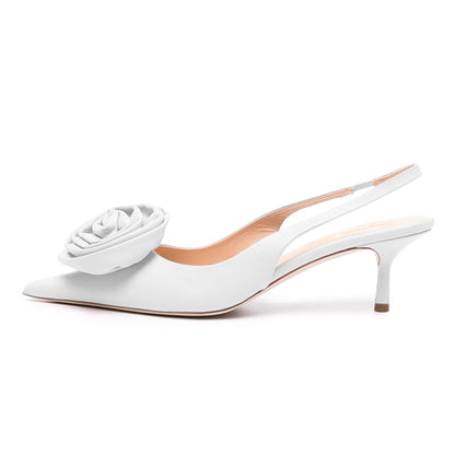 Women's Pointed Toe Kitten Heel Flower Decor Slingback White Pumps