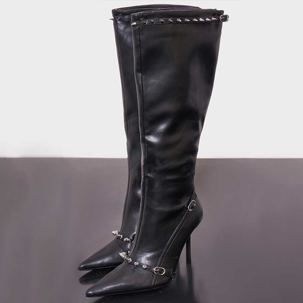 Black Pointed Toe Stiletto Heel Rivets Embellished Knee High Boots