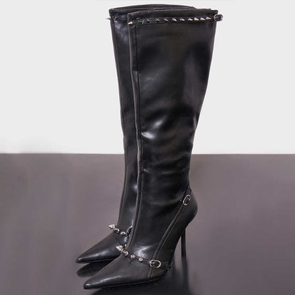 Black Pointed Toe Stiletto Heel Rivets Embellished Knee High Boots
