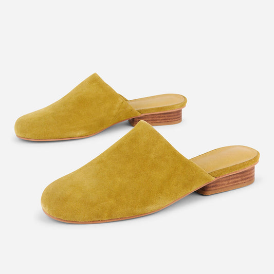 Vegan Suede Round Toe Chunky Heel Mule Shoes for Women in Yellow