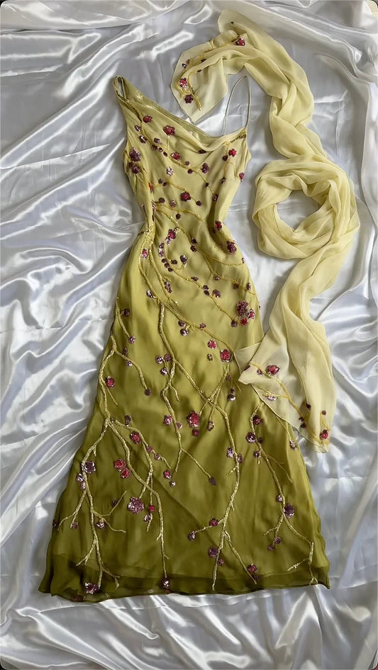 Vintage Ombre Chiffon Embroidery Prom Dress Sheath Spaghetti Strap Evening Dress Long Formal Dress TP4689