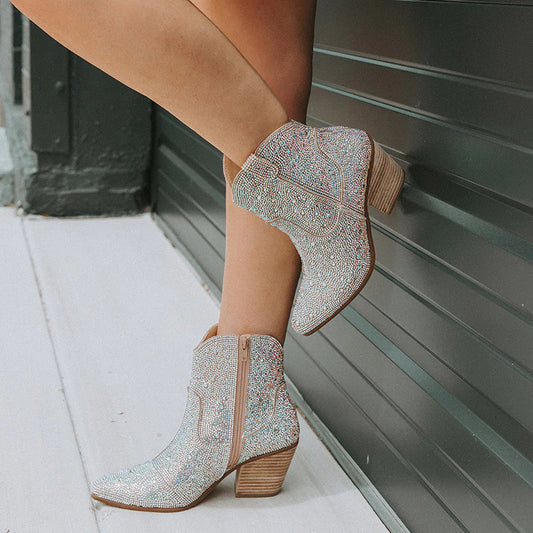 Women's Rhinestone Embellished Short Chunky Heel Sparkly Cowboy Boots