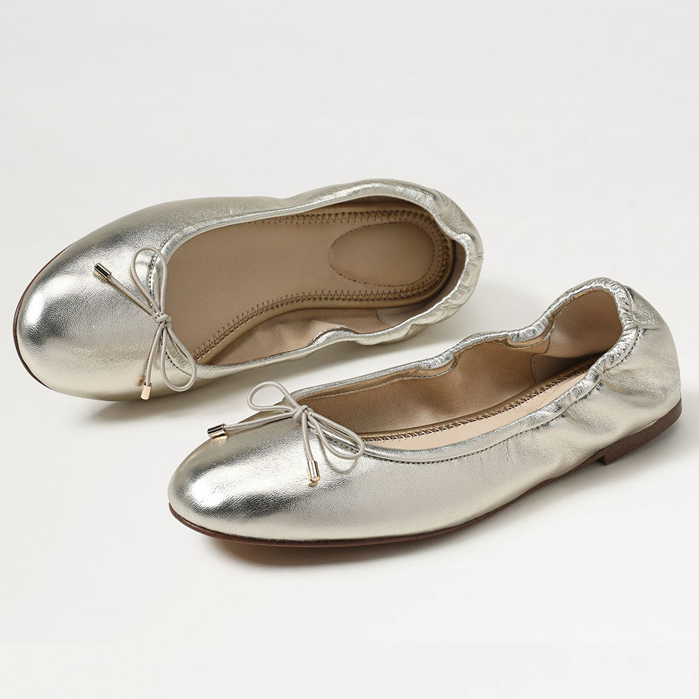 Champagne Metallic Shoes Elastic Top Line Round Toe Bow Ballet Flats