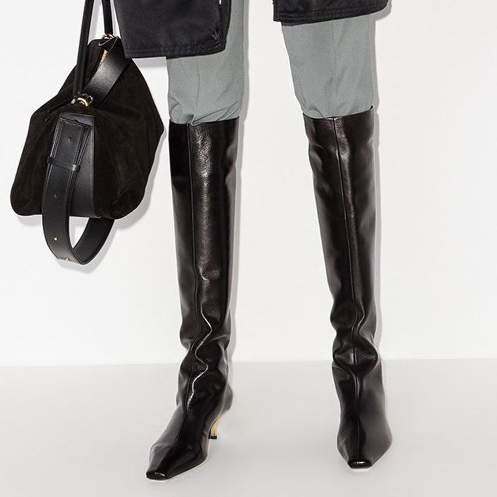 Black Square Toe Kitten Heel Dressy Knee High Boots for Women