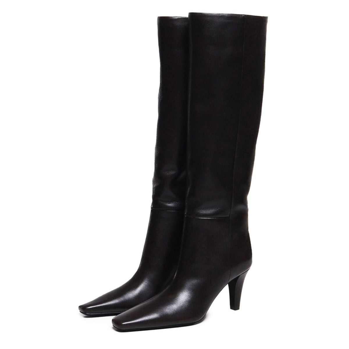 Simple Black Square Toe Cone Heel Vegan Leather Knee High Boots