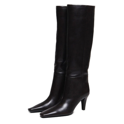 Simple Black Square Toe Cone Heel Vegan Leather Knee High Boots