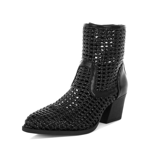 Women's Summer Pointed Toe Woven Side Zipper Black Heel Booties