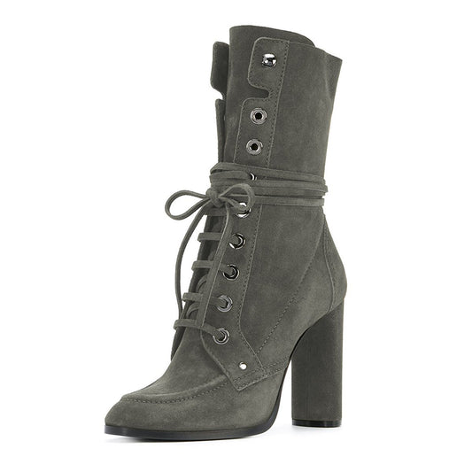 Grey Vegan Suede Lace Up Round Toe Chunky Heel Mid Calf Boots