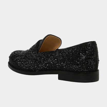 Black Slip-On Round Toe Rhinestone Embellished Women's Loafers