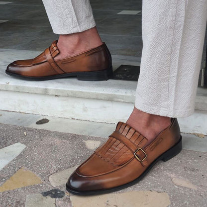 Vintage Brown Gradient Buckle Strap Fringe Flats Women's Loafers