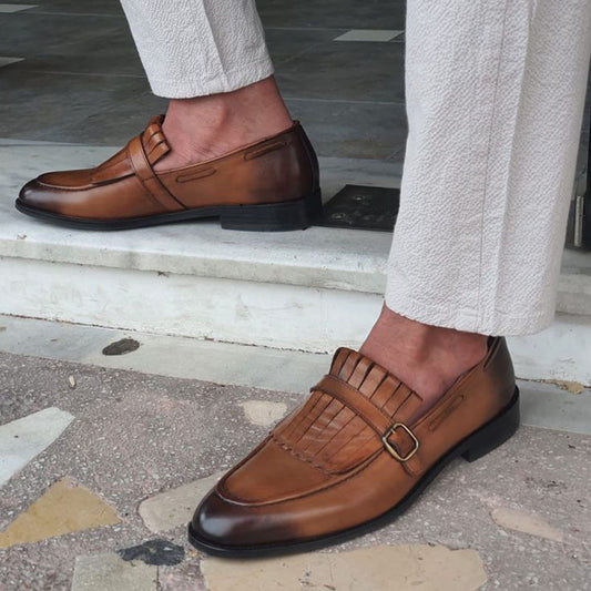 Vintage Brown Gradient Buckle Strap Fringe Flats Women's Loafers