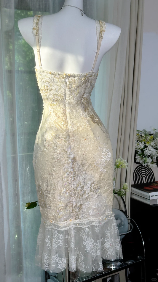 Vintage Ivory Lace Homecoming Dress Shiny Sequin V-neck Sheath Party Dress Cocktail Dress TP4553
