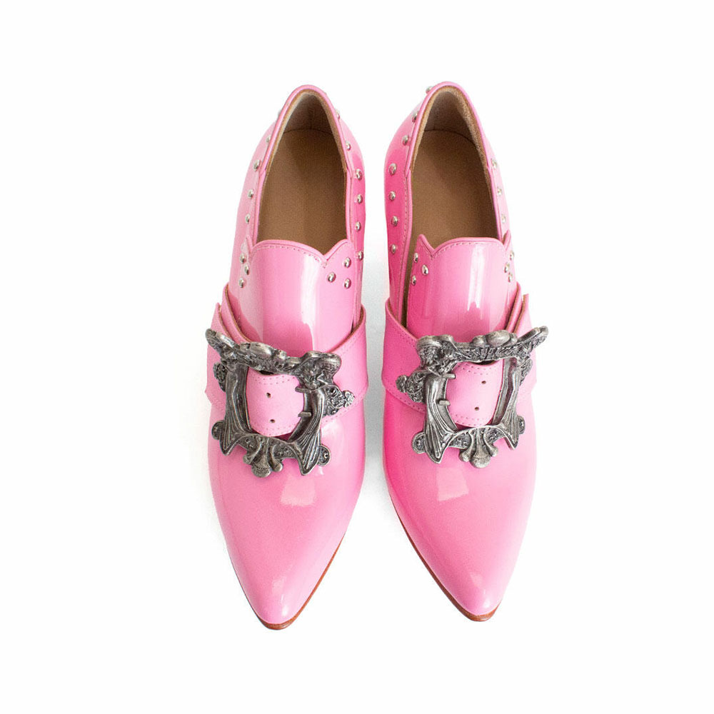 Pink Pointed Toe Hardware Buckle Decor Studded Heeled Loafers