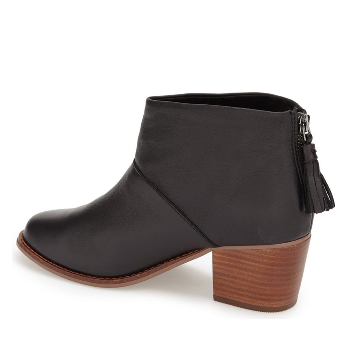 Black Chunky Heel Round Toe Ankle Boots with Tassels Zipper