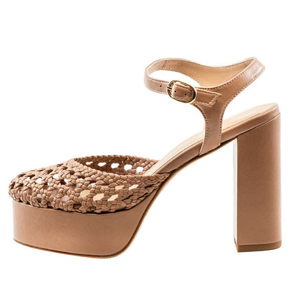Tan Woven Detail Round Toe Ankle Strap Chunky Heel Platform Sandals