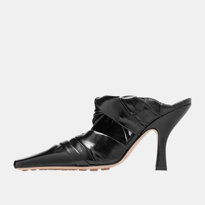 Stylish Pointed Toe Soft Pleated Shoes High Heel Mules in Black
