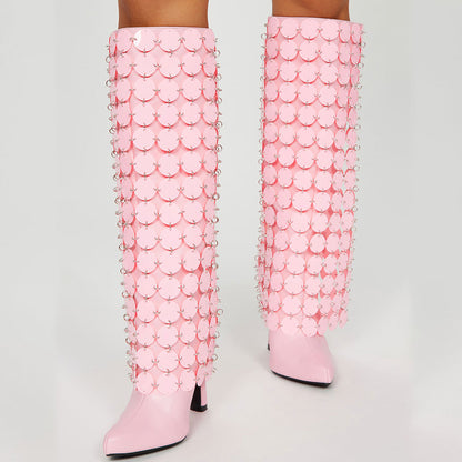 Pink Trendy Sequined Knee High Boots Pointed Toe Flared Heel Y2K Shoes