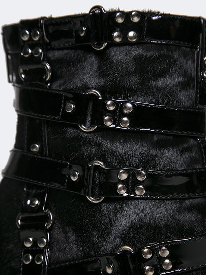Black Faux Fur Patchwork Buckle Strap Studded Heeled Ankle Boots