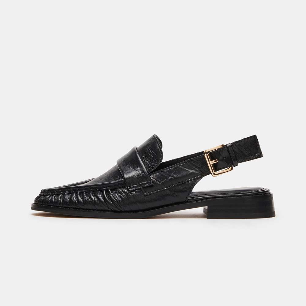 Black Vegan Leather Round Toe Flat Buckled Slingback Formal Loafers