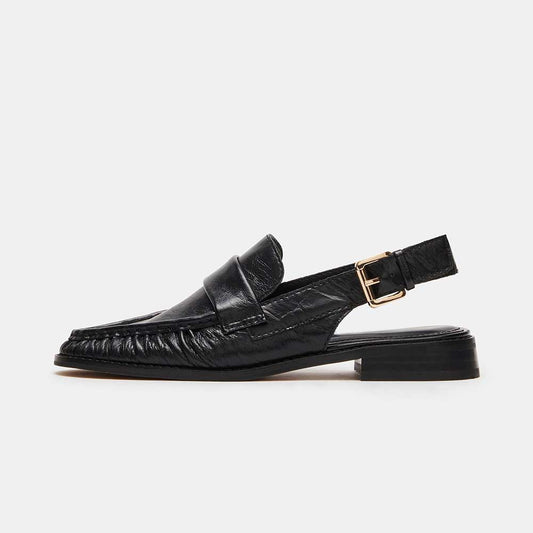 Black Vegan Leather Round Toe Flat Buckled Slingback Formal Loafers