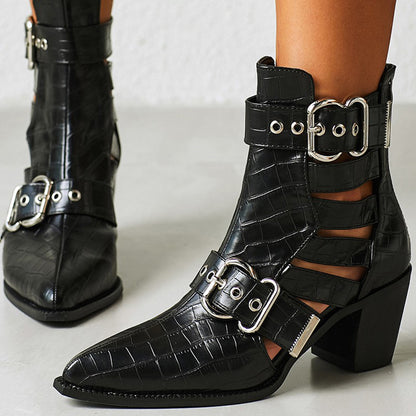 Black Croco Embossed Grommet Strap Chunky Heel Ankle Boots with Zip