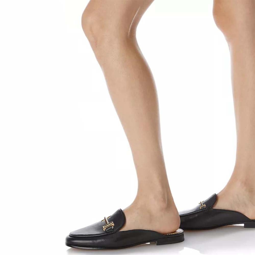 Black Vegan Leahter Mules With Chain Decor Lug Sole Flats