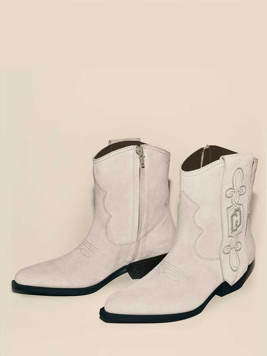 White Faux Suede Snip Toe Side Loop Embroidered Western Ankle Boots