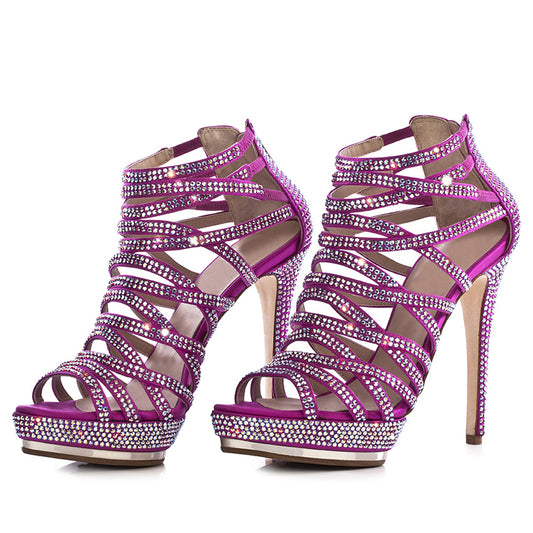 Trendy Purple Satin Rhinestone Strappy Caged Platform High Heels