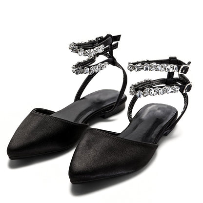 Black Satin Pointed Toe Rhinestone Decor Ankle Strap Flats
