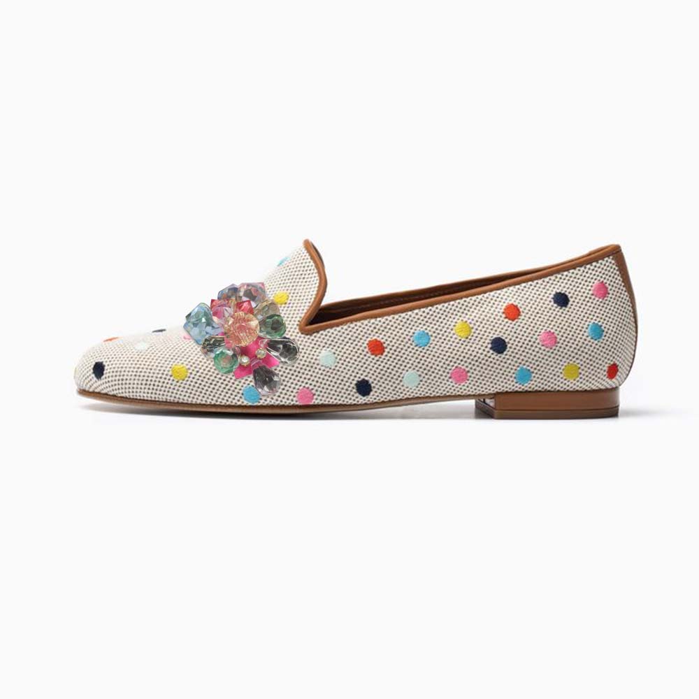 Multicolor Polka Dot Slip-On Women's Loafers with Rhinestones Decor