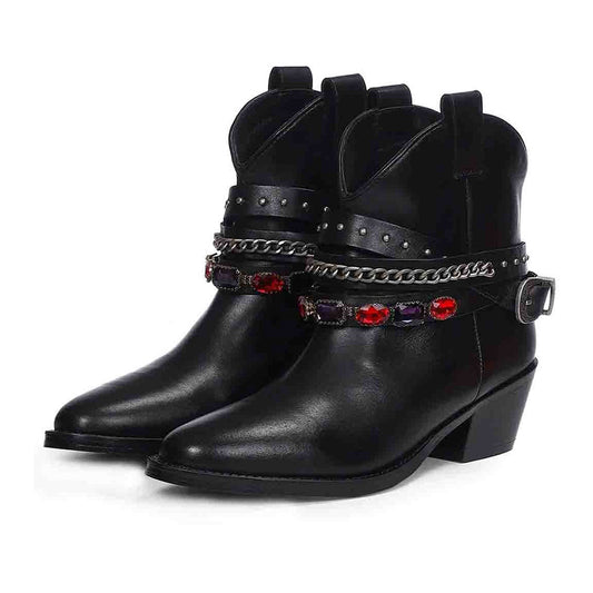 Black Block Heel Stud and Rhinestone Decor Strap Ankle Boots
