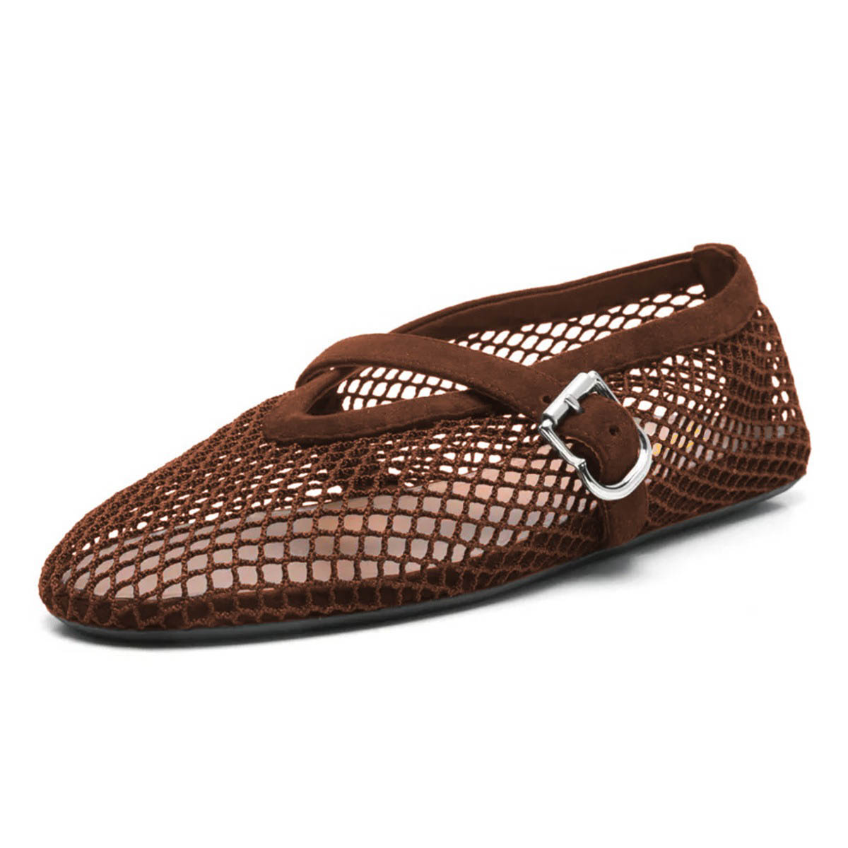 Women's Casual Brown Mesh Round Toe Flats with Buckle Strap