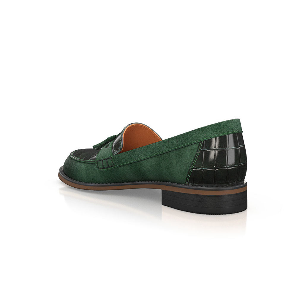Women's Green & Black Embossed Splicing Penny Loafers with Fringe