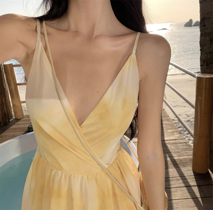 New Simple Yellow Floral Design A-Line Beach Holiday Spaghetti Strap Dress TP3031